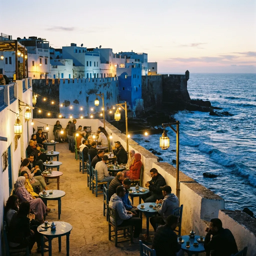 Terrasse d'un café sur les remparts d'Assilah le soir