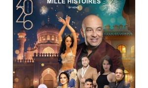 Affiche de Une nuit mille histoires, thème du réveillon au Kenzi Solazur à Tanger avec une danseuse orientale, des musiciens Gnaouas, et ambiance festive