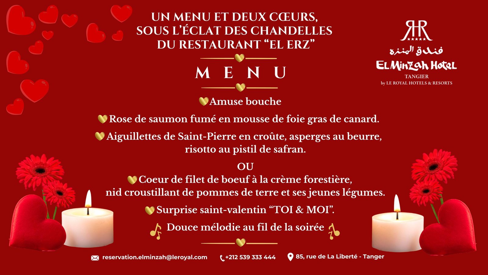 Menu amour et gastronomie pour vous deux à l'hôtel El Minzah