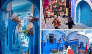 Trois vues des ruelles et maisons bleues de la médina de Chefchaouen, illustrant l’âme et la mémoire vivante de la ville