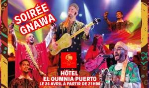 Soirée Gnawa à l’hôtel El Oumnia Puerto, où les voix s’élèvent à Tanger Affiche soirée Gnawa format paysage à l'hôtel El Oumnia Puerto