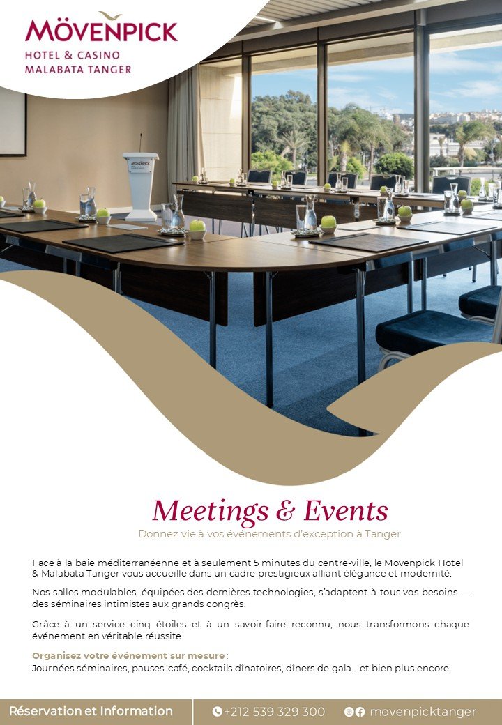 Affiche du Mövenpick Hotel & Casino Malabata à Tanger, mettant en avant ses installations de premier ordre pour l’organisation d’événements professionnels et privés.