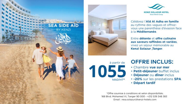 Sea Side Aïd by Kenzi Solazur Hotel : Une odyssée marine et gourmande sur la corniche tangéroise Affiche officielle de l'offre Sea Side pour vos Vacances Aïd Al Adha au Kenzi Solazur Hotel Tanger.