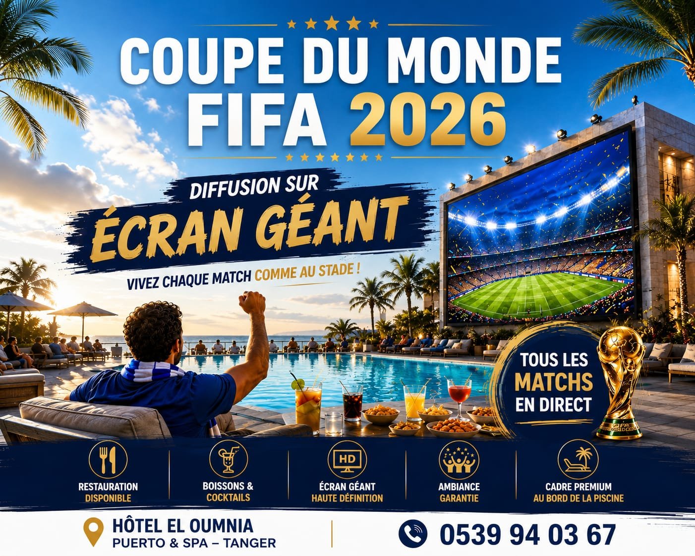 Affiche officielle de l’hôtel El Oumnia Puerto & Spa à Tanger pour la Coupe du Monde FIFA 2026