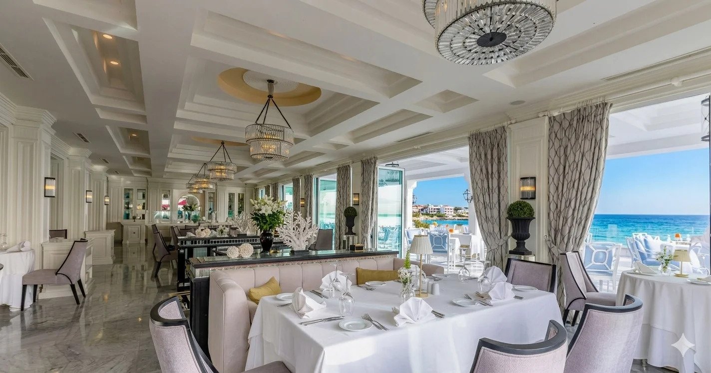 Salle élégante de la table principale Le Mirage Restaurant avec de grandes baies vitrées offrant une vue panoramique sur l océan Atlantique