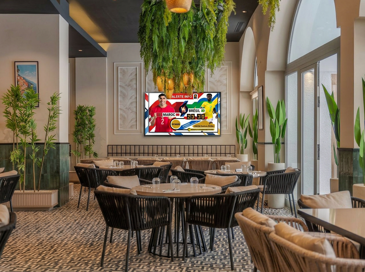Diffusion du match Maroc vs Brésil au restaurant-bar Canopy de l’hôtel Kenzi Solazur Tanger avec écran de retransmission