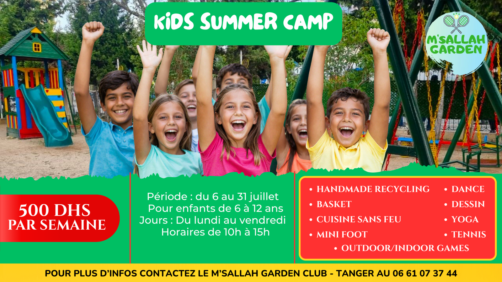 Affiche du camp d’été à Tanger Summer Kids Club au M’Sallah Garden Club avec activités sportives et créatives pour enfants