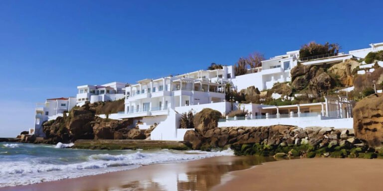 Série d’été au nord du Maroc : Le Mirage, l’icône de luxe suspendue face à l’océan Vue panoramique depuis la plage de l'établissement 5 étoiles Le Mirage à Tanger niché dans les rochers face à la mer.