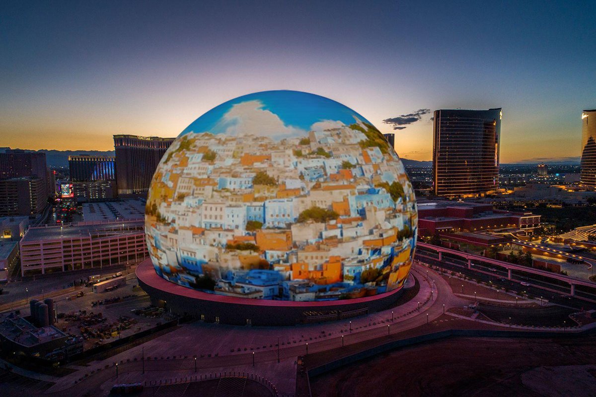 Projection d'un paysage du nord du Maroc sur la Sphere de Las Vegas dans le cadre de la campagne touristique Visit Morocco.