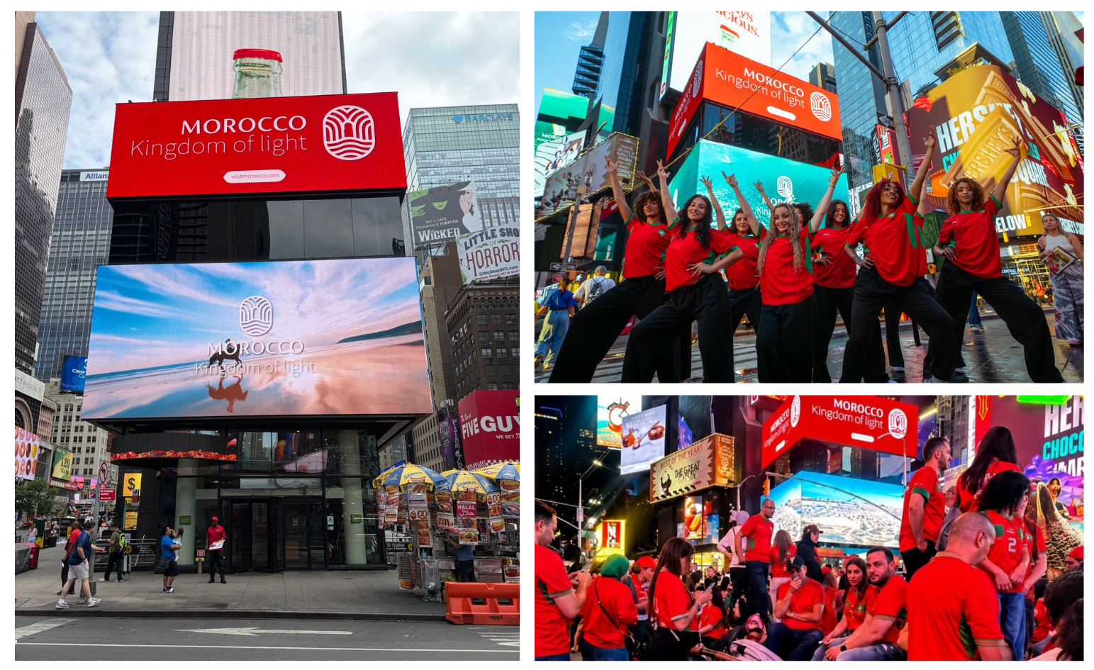 Campagne de promotion internationale pour le Maroc par l'ONMT affichée sur un écran géant à Times Square.