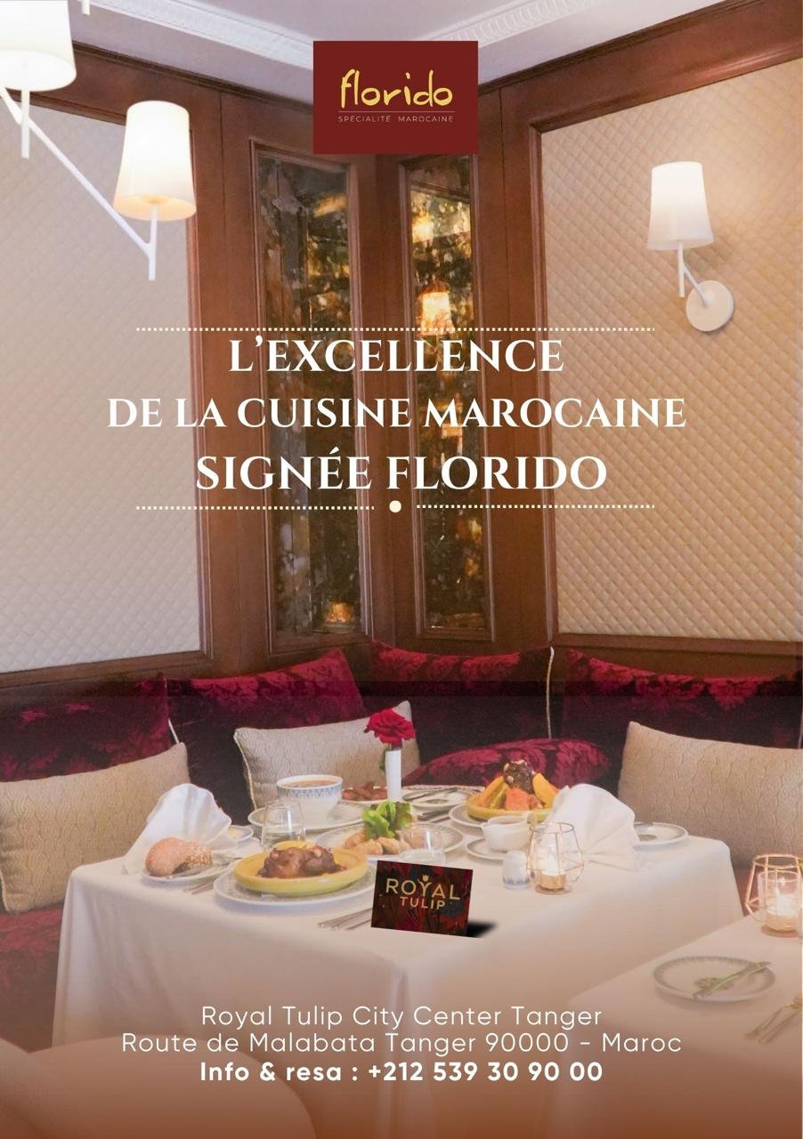 Affiche officielle du restaurant Florido à l'hôtel Royal Tulip City Center Tanger incluant les coordonnées de contact pour réserver et découvrir cette table dédiée à la cuisine marocaine.