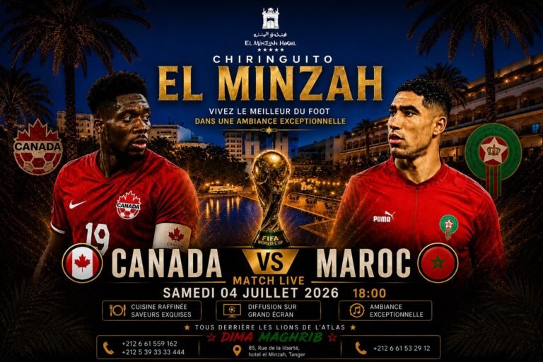 Maroc – Canada : ferveur footballistique et douceur estivale au Chiringuito El Minzah Écran géant en bord de piscine à l'hôtel El Minzah pour le match Maroc Canada à Tanger.