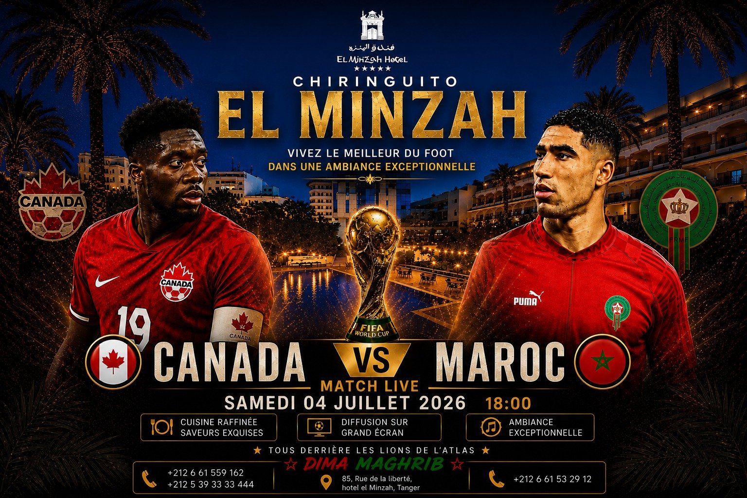 Écran géant en bord de piscine à l'hôtel El Minzah pour le match Maroc Canada à Tanger.