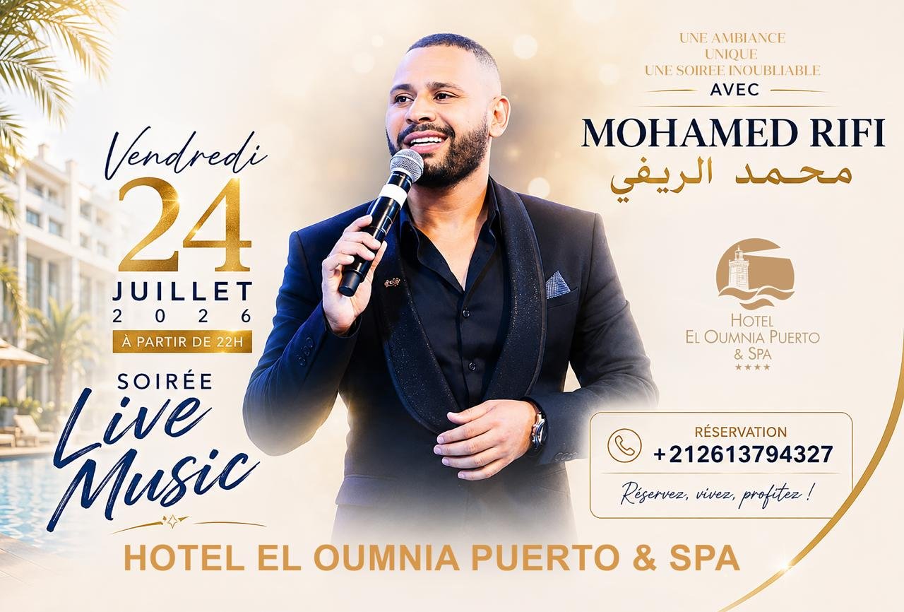 Affiche de la soirée concert à Tanger au Chiringuito Malibu Club de l'hôtel El Oumnia Puerto avec le chanteur Mohamed Rifi