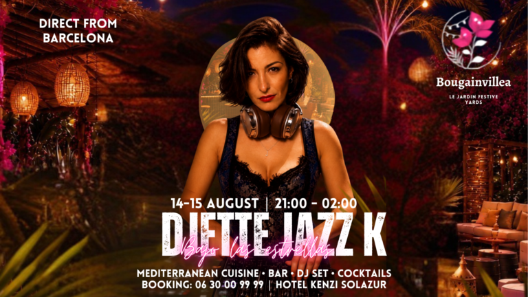 Affiche officielle de la soiree Bajo las estrellas avec la Djette Jazz K au Bougainvillea du Kenzi Solazur Tanger