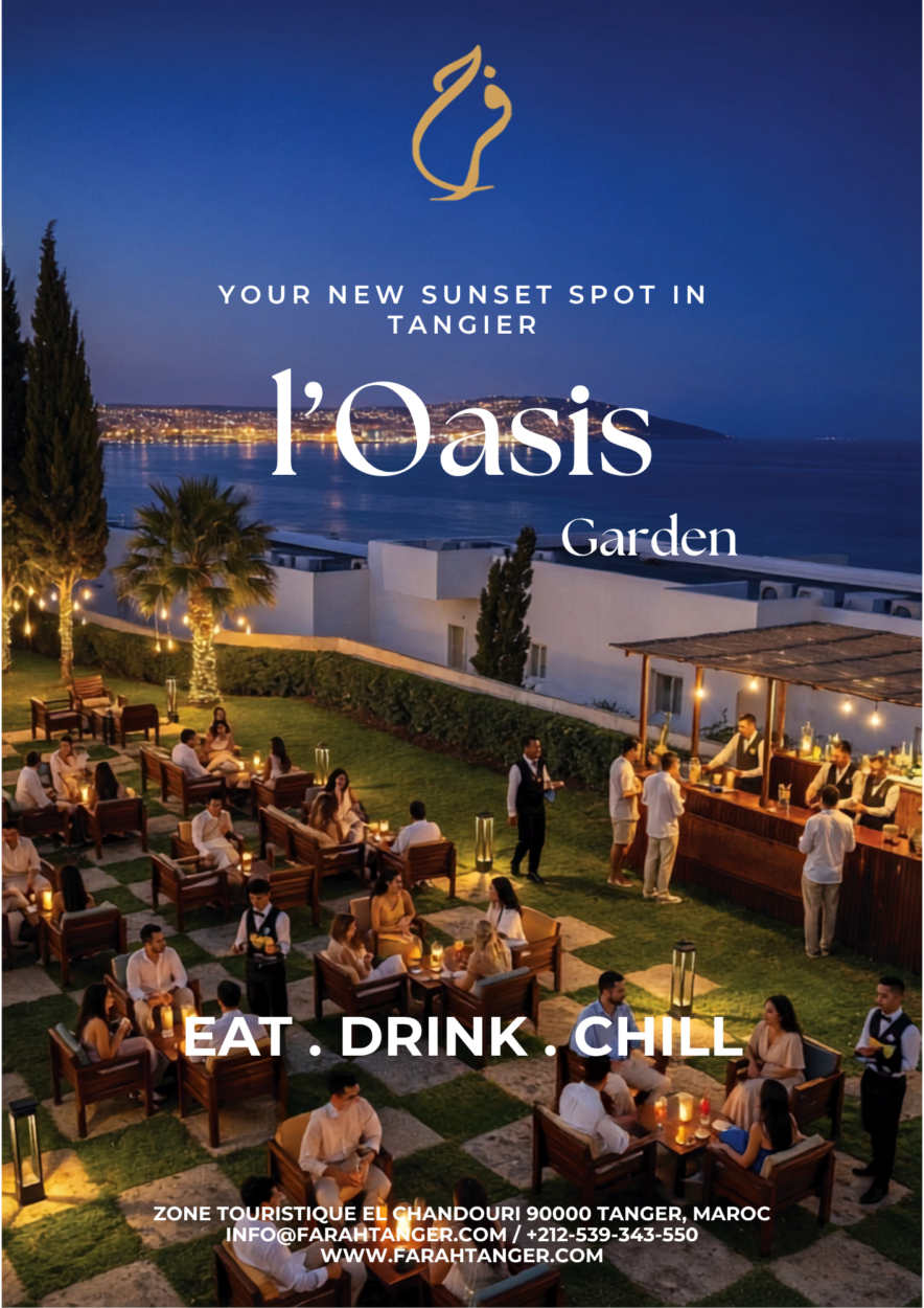Affiche de la vue en plongée de l'Oasis Garden Farah hotel à Tanger au crépuscule