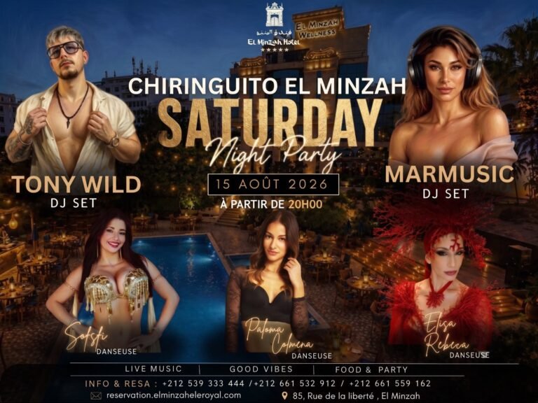 Affiche officielle de la Saturday Night Party au Chiringuito El Minzah Tanger le 15 août 2026 avec Tony Wild et Marmusic