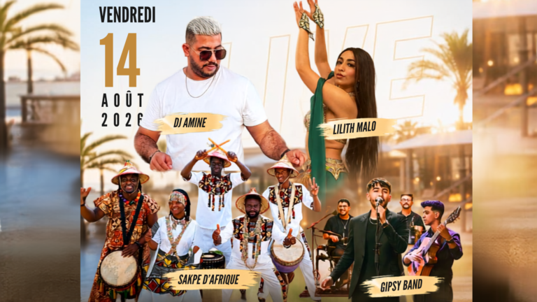 Affiche de la soiree live au Chiringuito Malibu Club El Oumnia Puerto Tanger avec DJ Amine Gipsy Band Sakpe d Afrique et Lilith Malo
