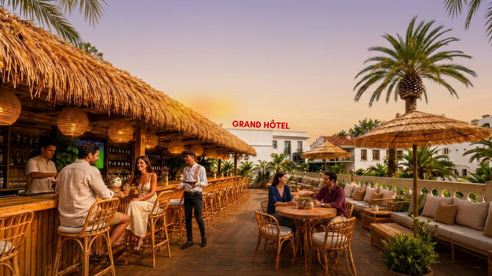 Le bar à ciel ouvert La Paillote au moment d'un crépuscule à la Villa de France