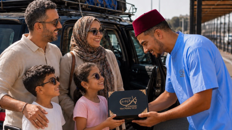 Opération Marhaba 2026 : Bab Moulay Driss s’inscrit dans la dynamique nationale en faveur des Marocains du Monde Accueil chaleureux d'une famille de Marocains du Monde recevant un coffret de bienvenue Bab Moulay Driss au Port Tanger Med.