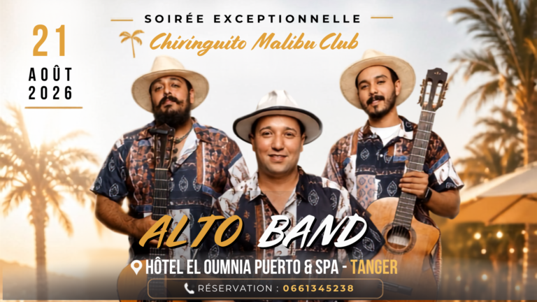 Alto Band en concert live au Chiringuito Malibu Club de l’hôtel El Oumnia Puerto & SPA Le trio Alto Band qui va enflammer la scène du Chiringuito Malibu Club le vendredi 21 août à l'hôtel El Oumnia Puerto