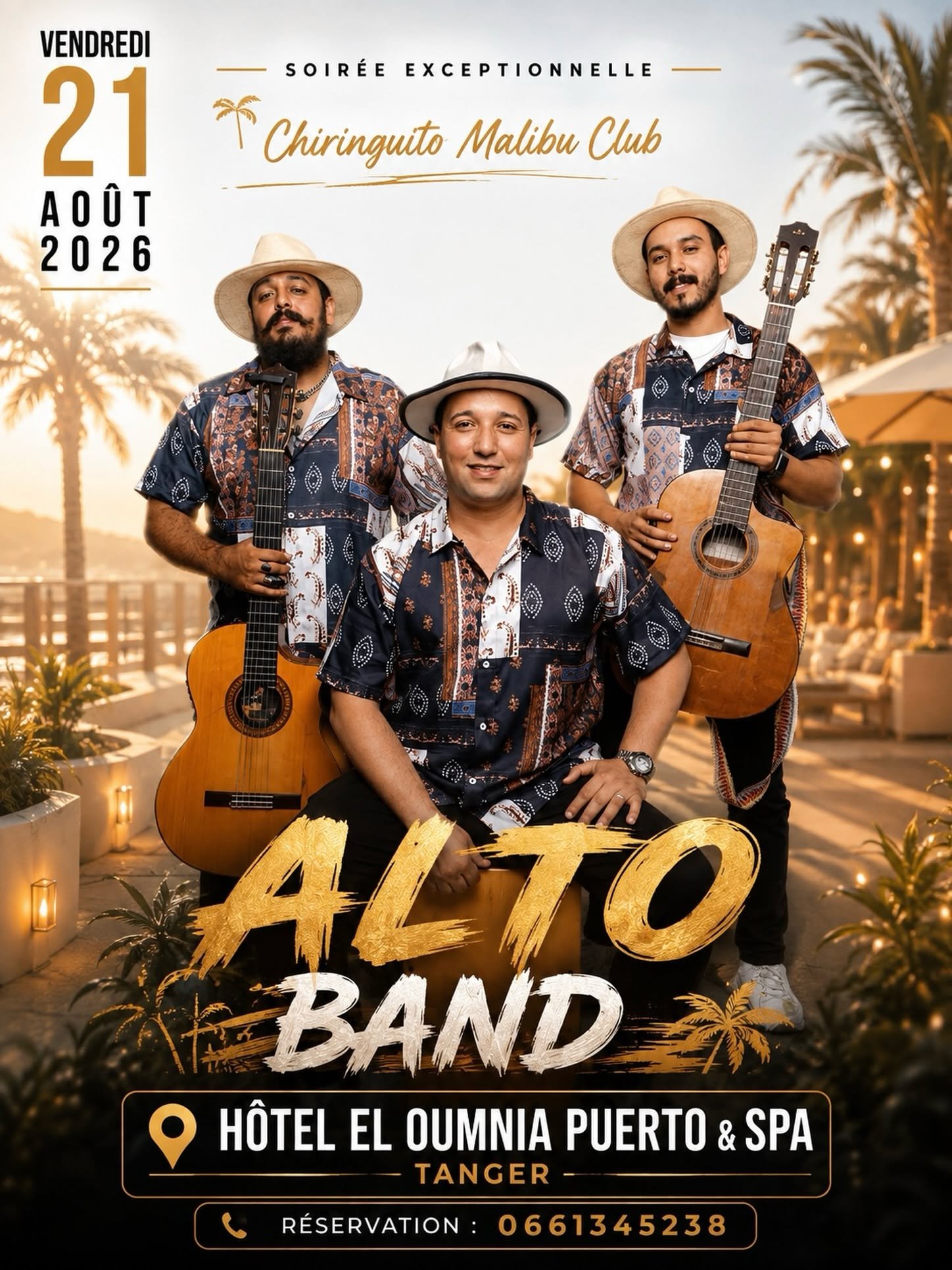 Affiche officielle de la soirée du vendredi 21 août du trio Alto Band en concert au Chiringuito Malibu Club de l'hôtel El Oumnia Puerto
