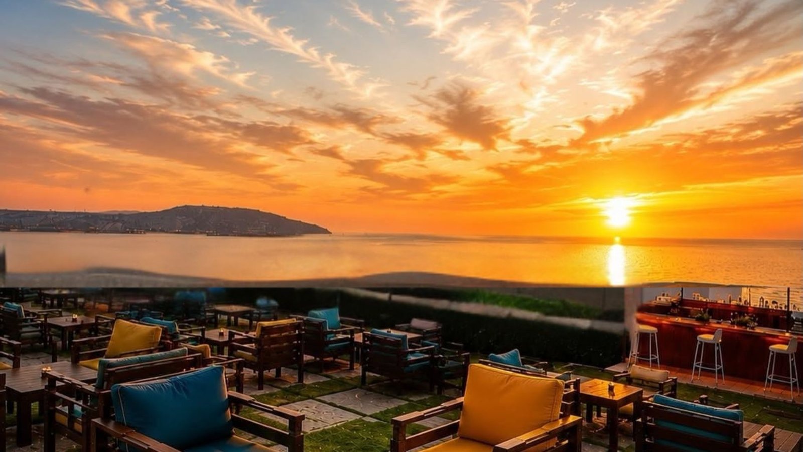 Vue sur mer au moment du crépuscule depuis l'Oasis Garden au Farah hotel Tanger.