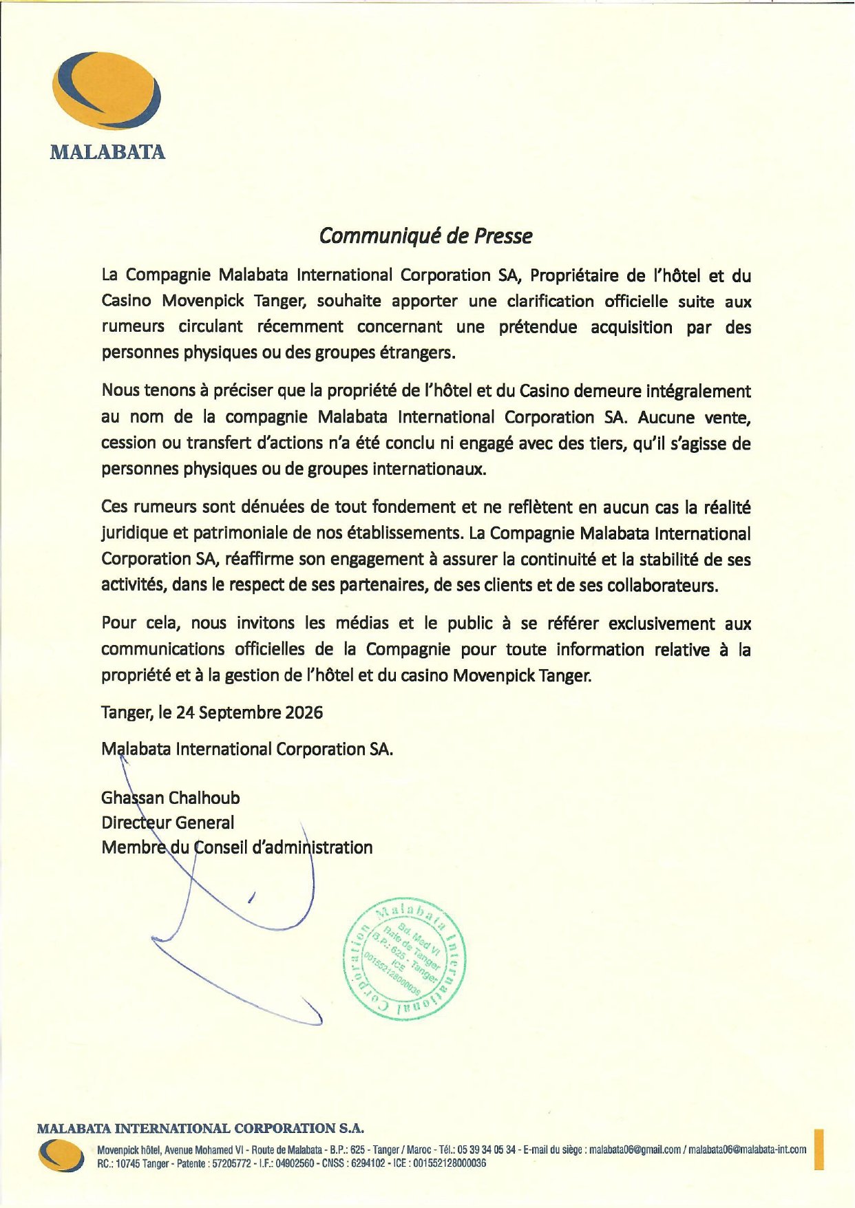 Le communiqué officiel en image de la compagnie Malabata International Corporation.