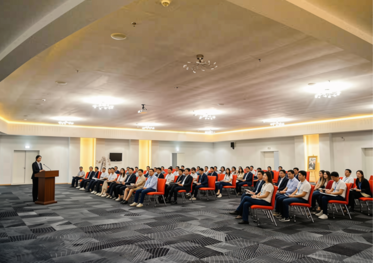 Une assemblée professionnelle installée en style théâtre dans une grande salle de conférence du Farah Tanger.