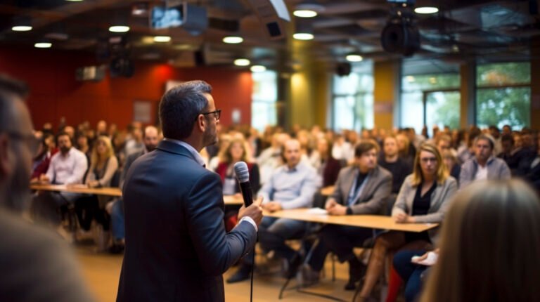 Salles de séminaire à Tanger avec un conférencier de dos tenant un microphone face à un public attentif assis à des tables.
