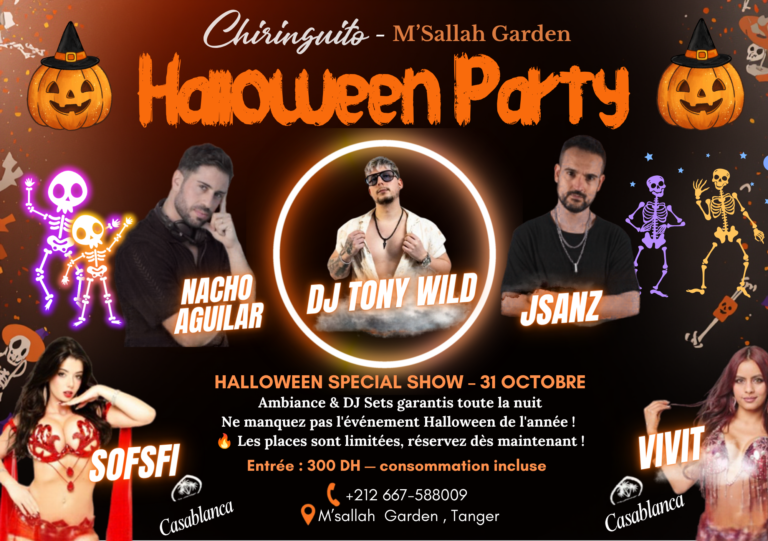 Affiche officielle de la Halloween Party à Tanger au Chiringuito du M'Sallah Garden avec le line-up des DJs.