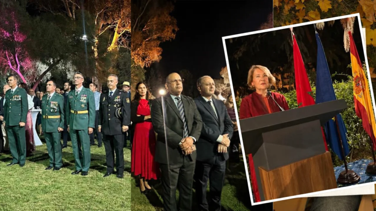Échanges et culture au Détroit : immersion au cœur de la fête nationale de l’Espagne à Tanger Montage photo de la Fête nationale de l'Espagne à Tanger montrant les jardins du Consulat Général et les invités lors de la réception.