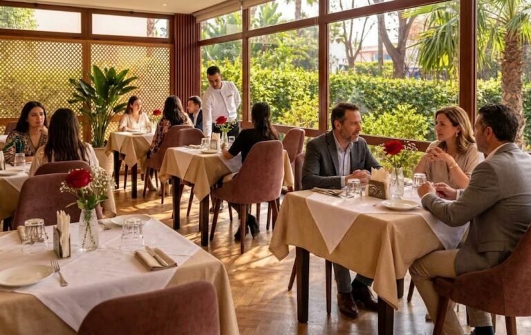 Série gastronomique : les hôtels du Détroit – Épisode 2 : L’hôtel El Oumnia Puerto Grande salle vitrée du restaurant Ibiza à Tanger, l'un des restaurants de El Oumnia Puerto.