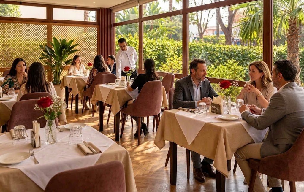 Grande salle vitrée du restaurant Ibiza à Tanger, l'un des restaurants de El Oumnia Puerto.