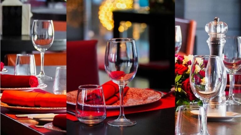 Série gastronomique : les hôtels du Détroit – Épisode 4 : Le Royal Tulip City Center Tanger Montage de deux photos montrant les détails de tables élégamment dressées avec des verres à vin et des serviettes rouges à travers les restaurants du Royal Tulip.