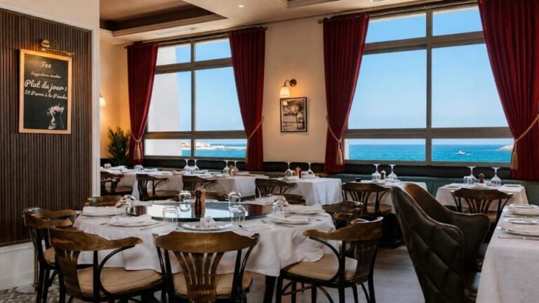 Tables rondes dressées et rideaux rouges devant de grandes baies vitrées offrant une vue lumineuse sur l'eau bleue, une expérience propre aux restaurants du Kenzi Solazur Hotel.