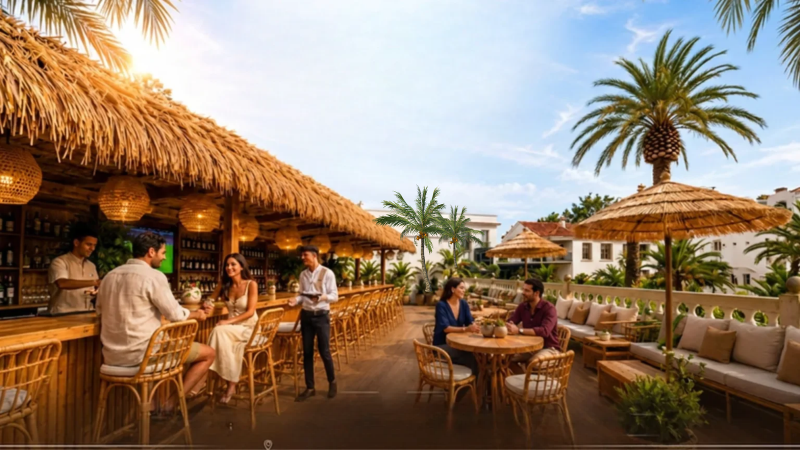 Terrasse du bar lounge La Paillote perchée avec vue sur la piscine aux restaurants de la Villa de France à Tanger